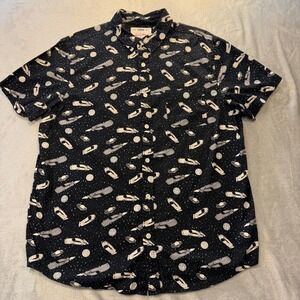 Urban Pipeline Mens XL Space Fly Car Planet Print Button Down Shirt Black Cotton